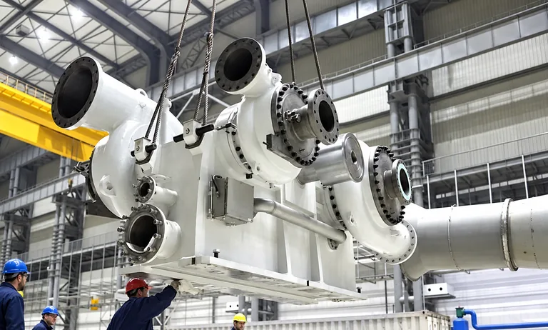 Large white rotating-equipment assembly suspended from crane slings above technicians in dark navy workwear inside a fabrication workshop.