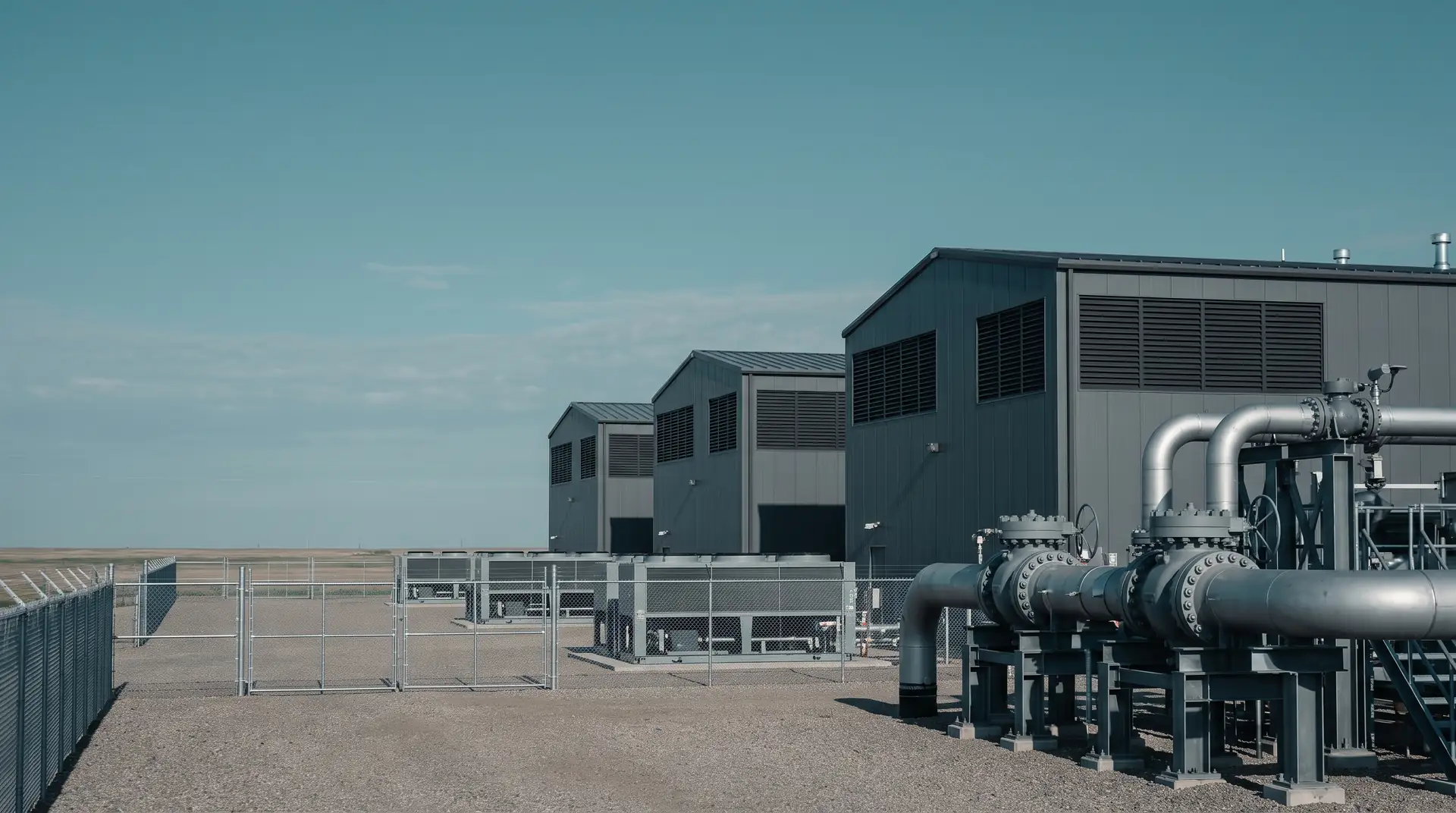 Industrial station buildings with above-ground piping and valves under a clear sky.