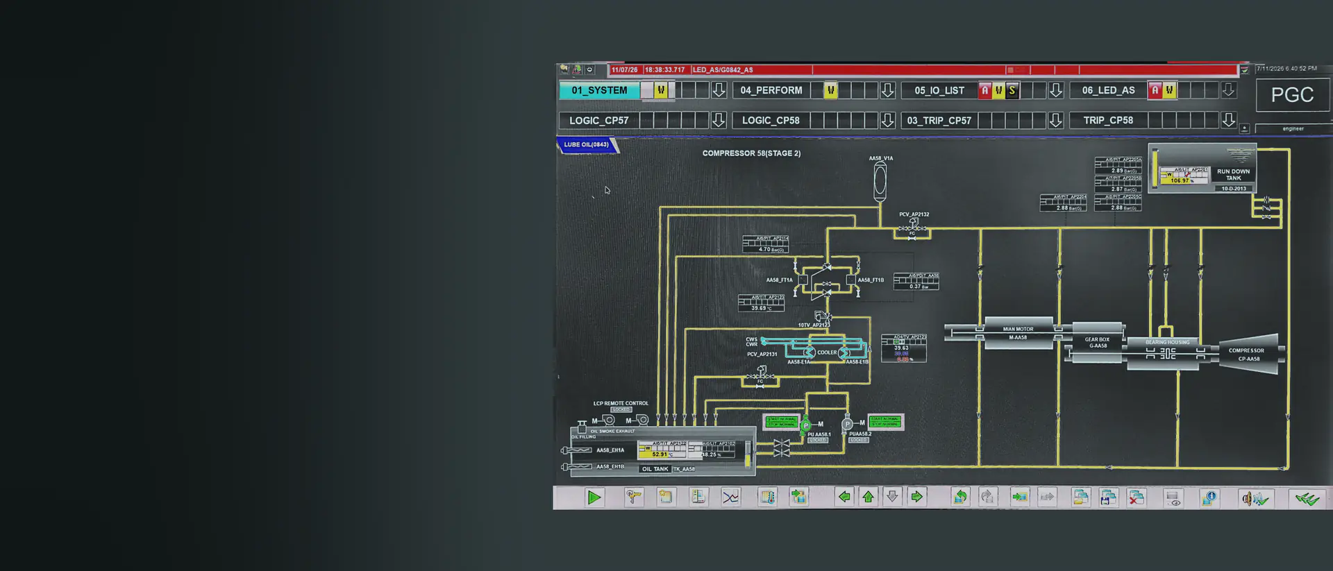 Compressor control-system HMI displaying a lube-oil process diagram and the motor, gearbox, bearing housing and compressor train.