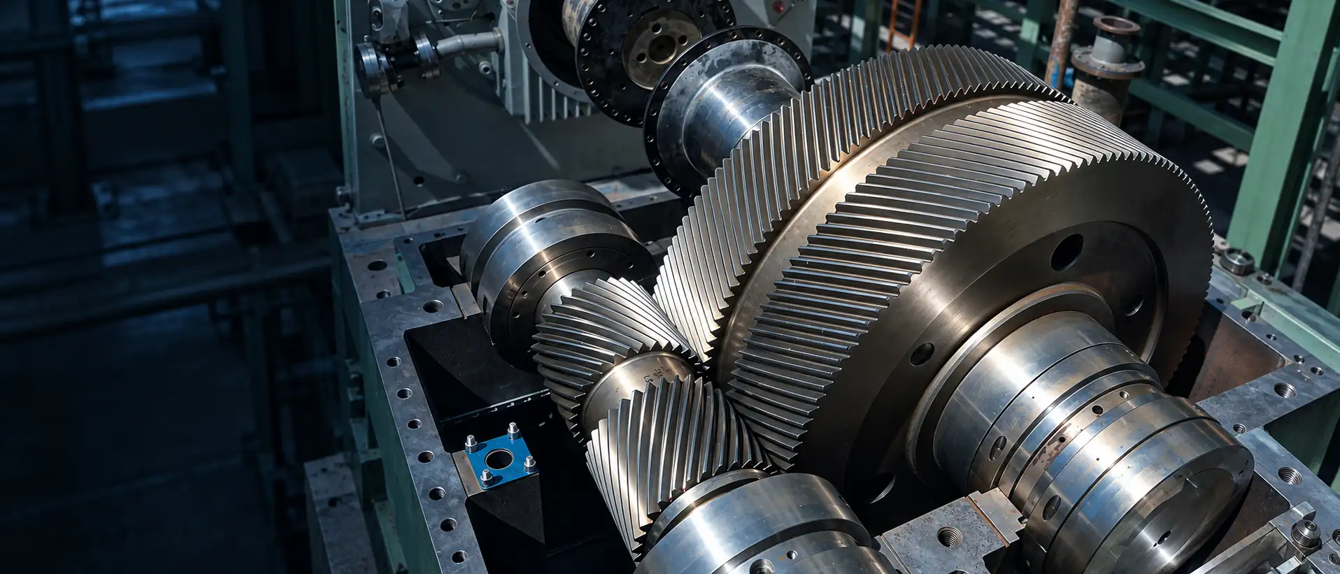 Open gearbox casing with a large helical gear wheel meshing with a pinion shaft, bearing journals and a coupling hub behind it.