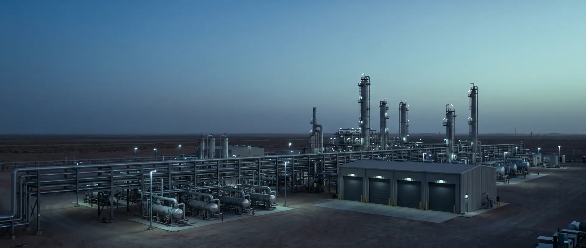 Gas processing plant with columns, pipe racks and a service building at dusk.