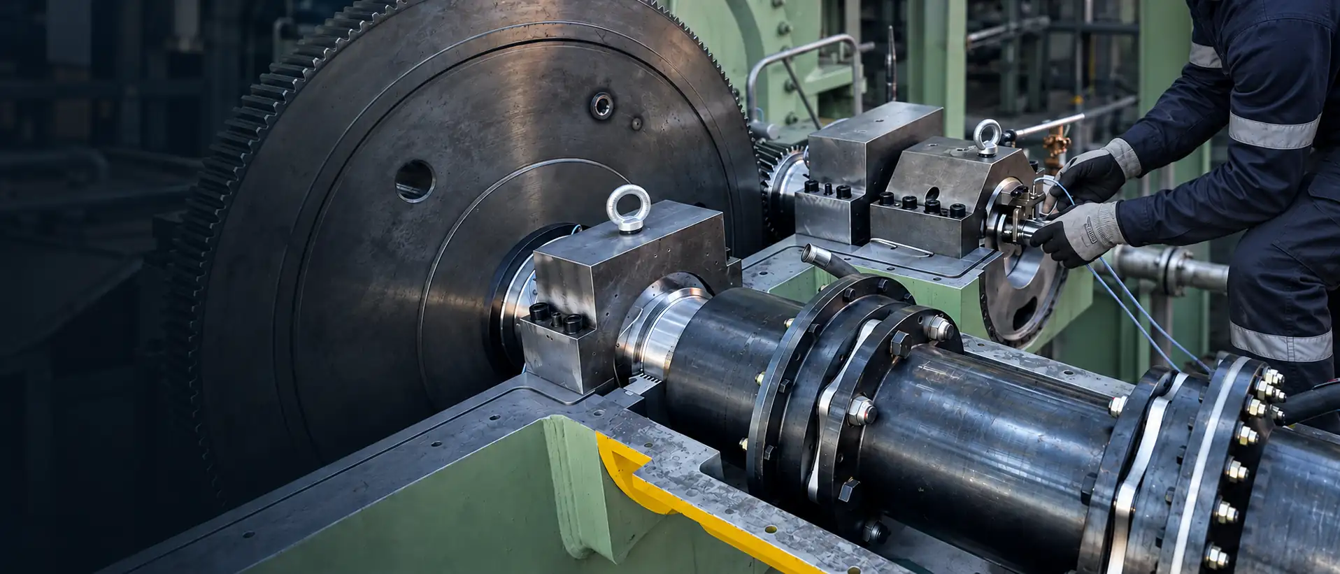 Gloved technician fitting an alignment fixture at a shaft coupling between a large gear wheel and the bearing housings of a machine train on a green baseplate.