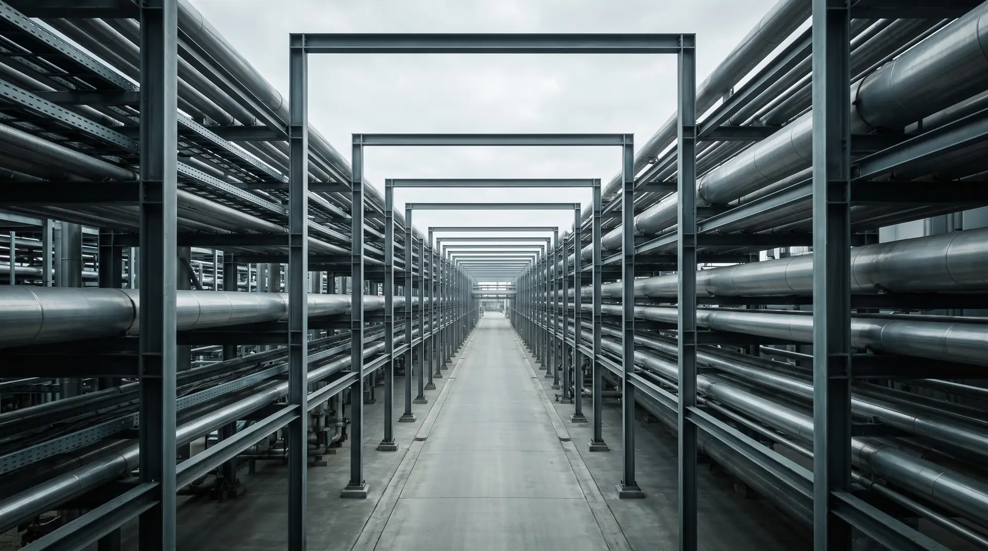 Long, symmetrical pipe rack corridor lined with steel piping under an overcast sky.