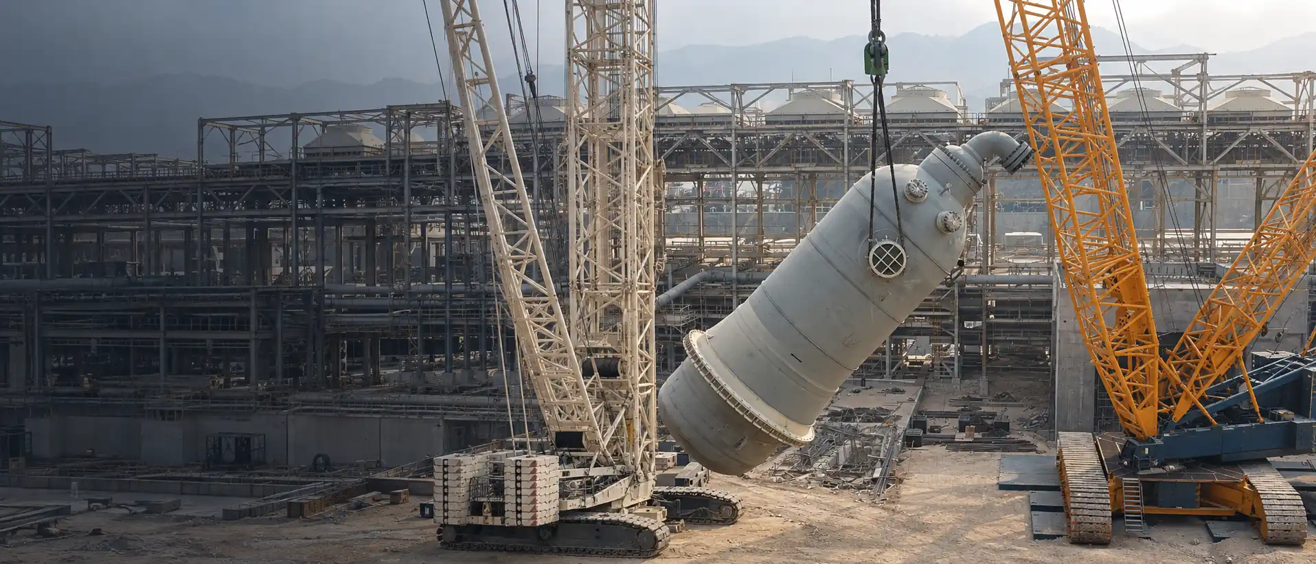 Tall white process vessel tilted between two crawler cranes during a lift, with pipe racks and air coolers behind and hills in the distance.