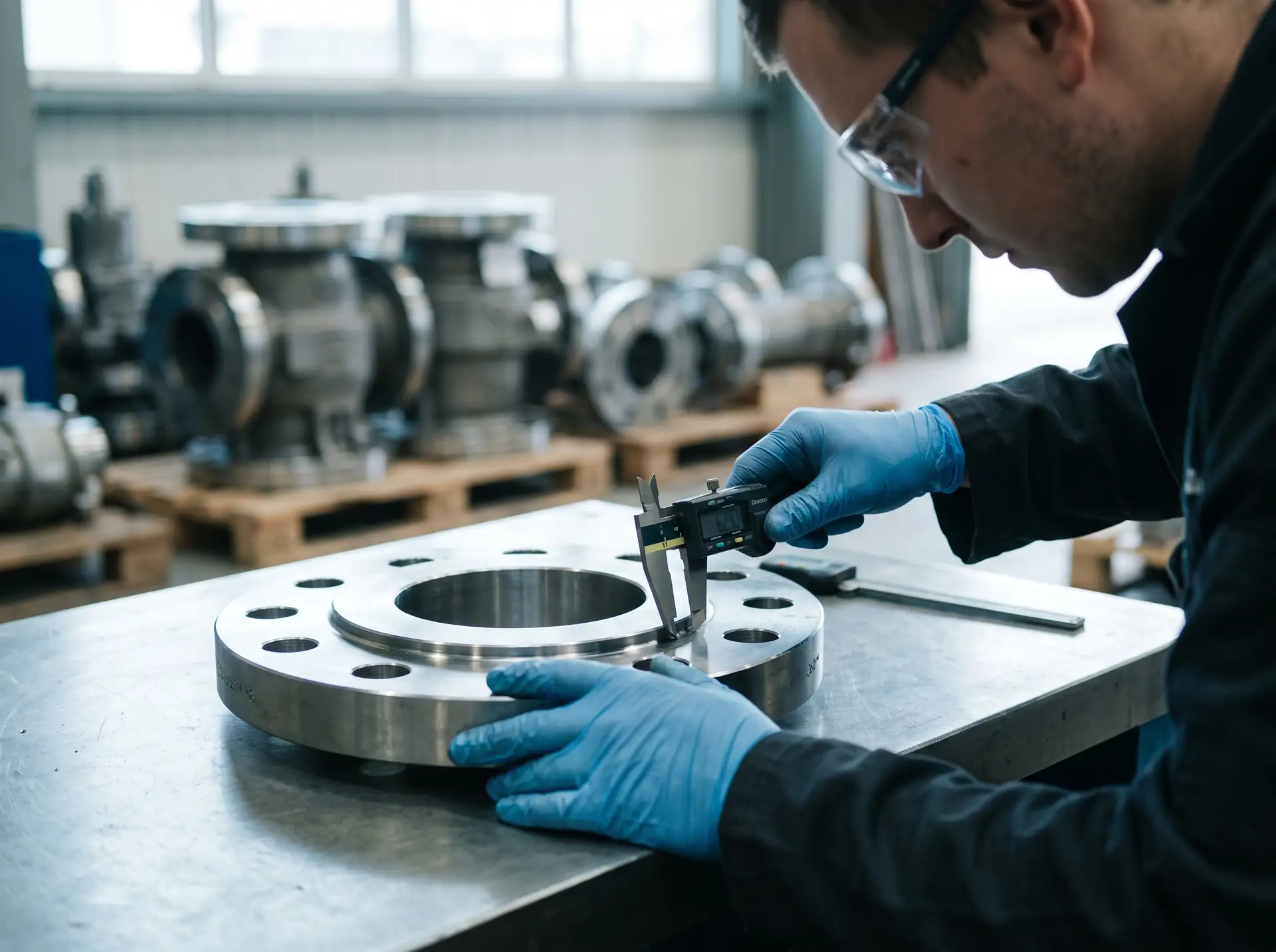 Inspector measuring a flange with a caliper, with valves on pallets in the background.