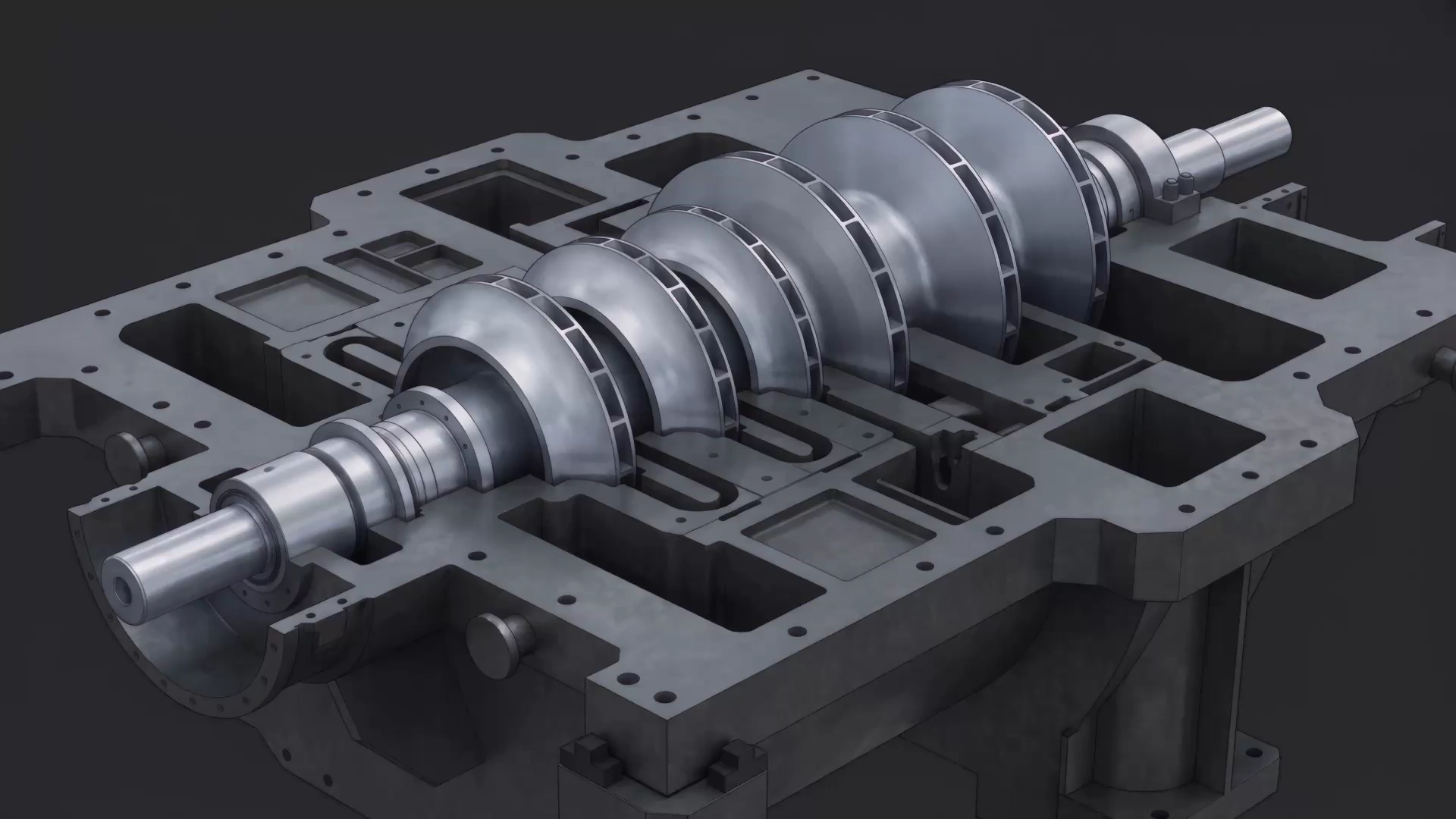 Illustrative multistage compressor cutaway showing the complete rotor and shaft ends.